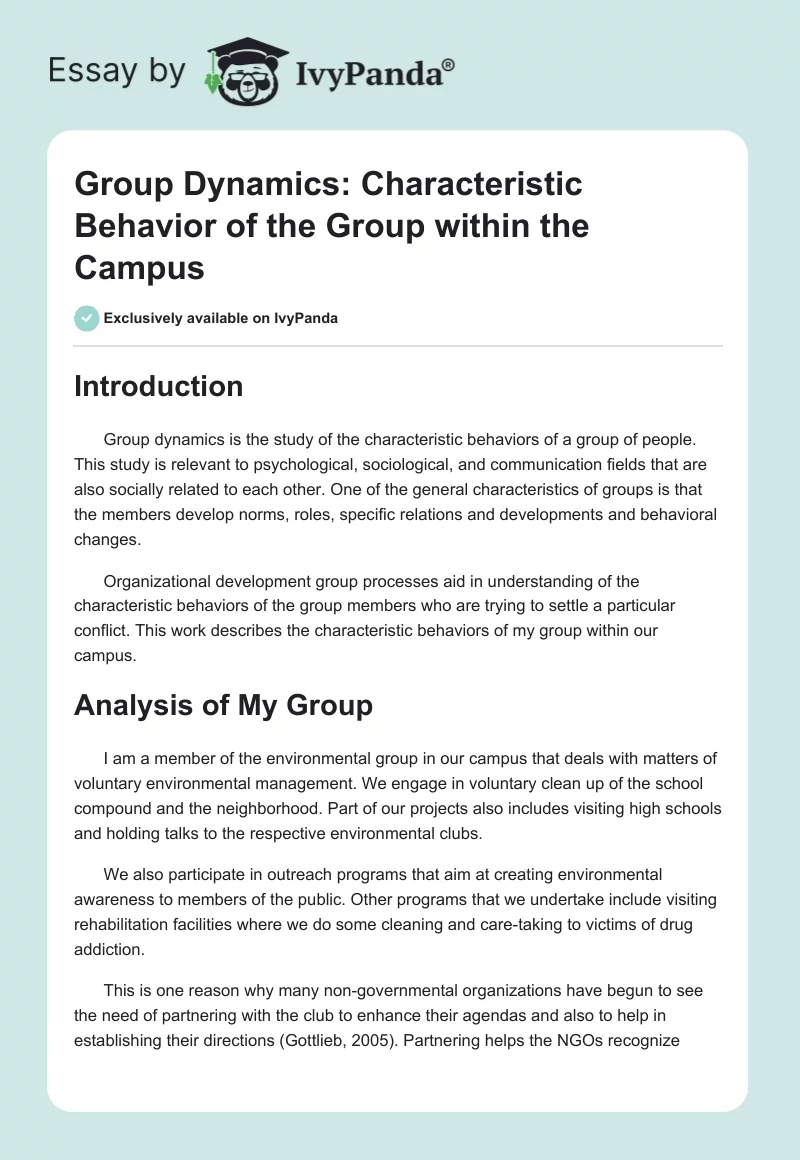 Group Dynamics: Characteristic Behavior of the Group within the Campus. Page 1