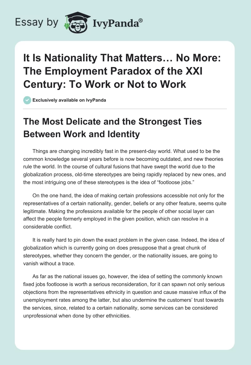 It Is Nationality That Matters… No More: The Employment Paradox of the XXI Century: To Work or Not to Work. Page 1