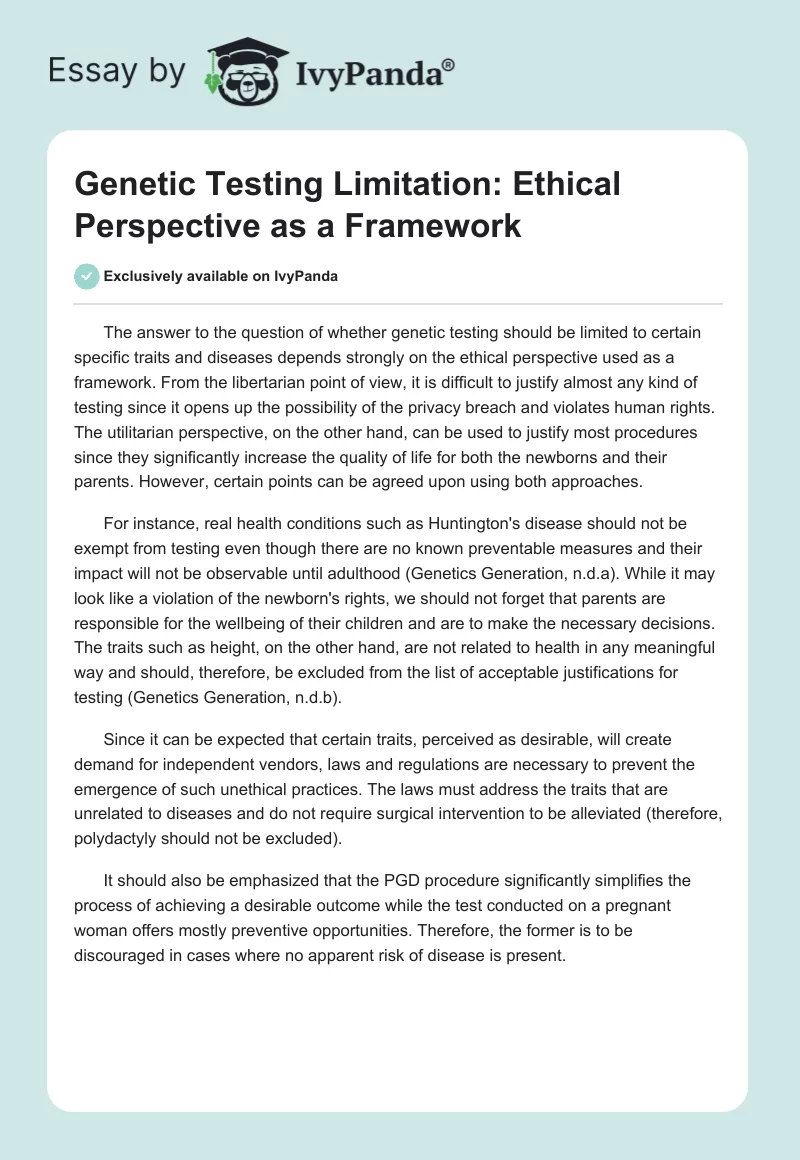 Genetic Testing Limitation: Ethical Perspective as a Framework. Page 1