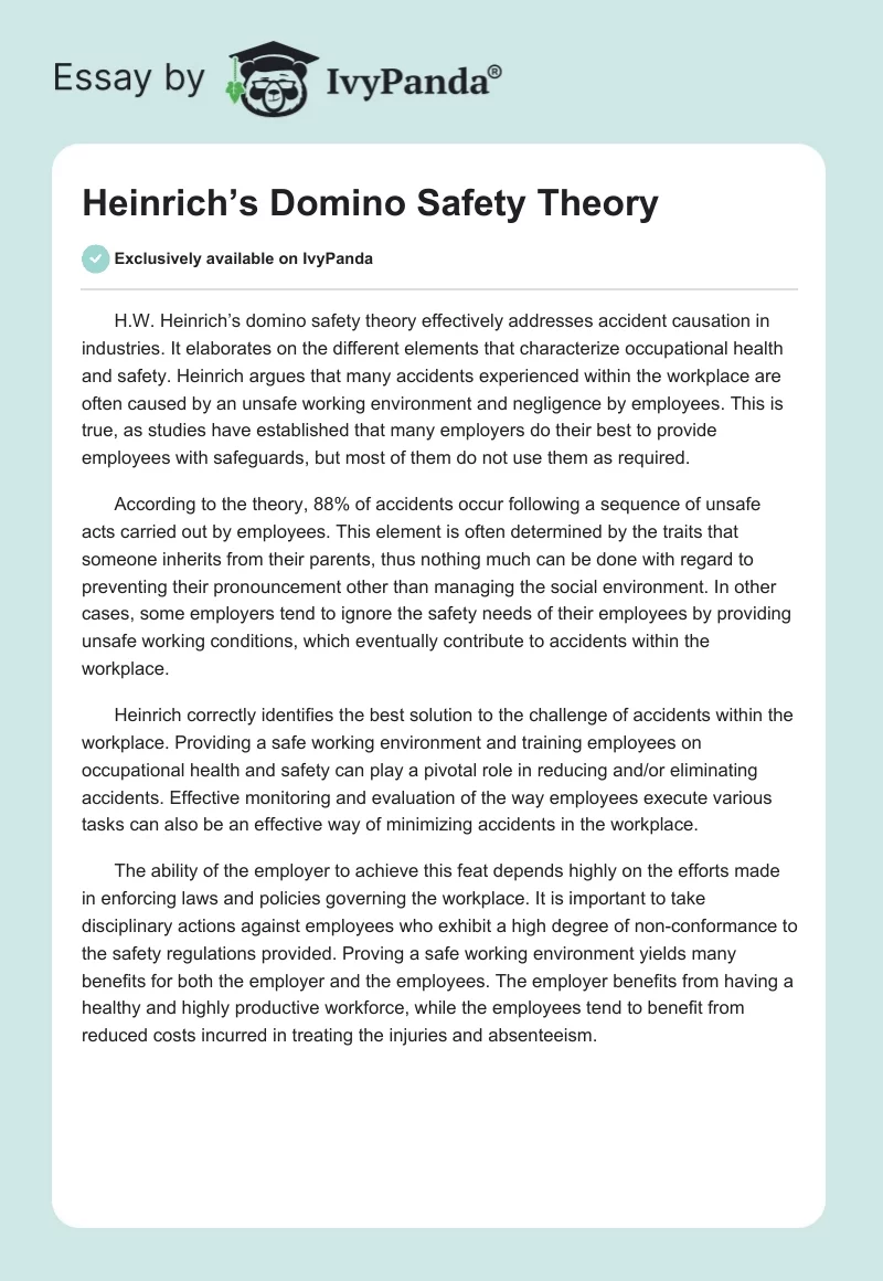Heinrich’s Domino Safety Theory. Page 1