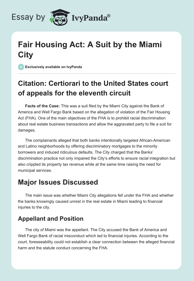 Fair Housing Act: A Suit by the Miami City. Page 1