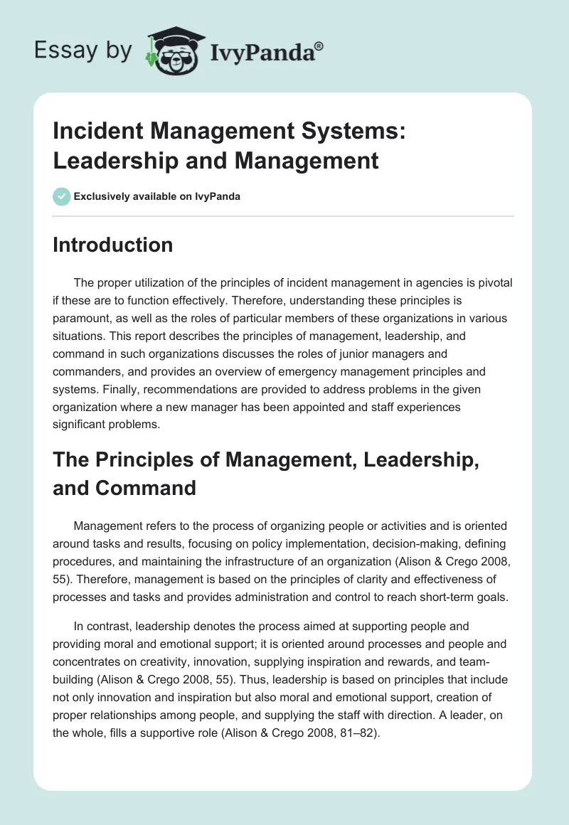 Incident Management Systems: Leadership and Management. Page 1