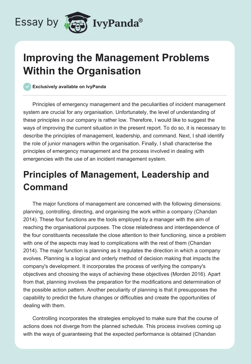 Improving the Management Problems Within the Organisation. Page 1