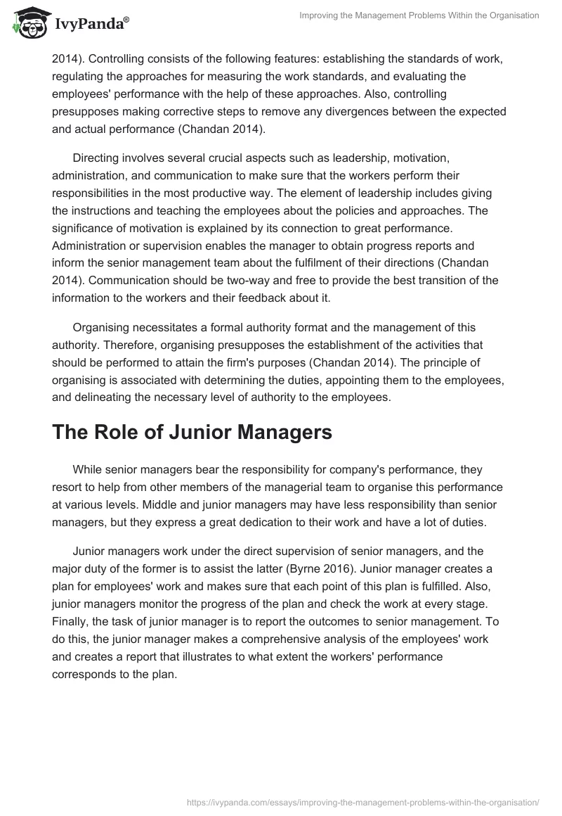 Improving the Management Problems Within the Organisation. Page 2