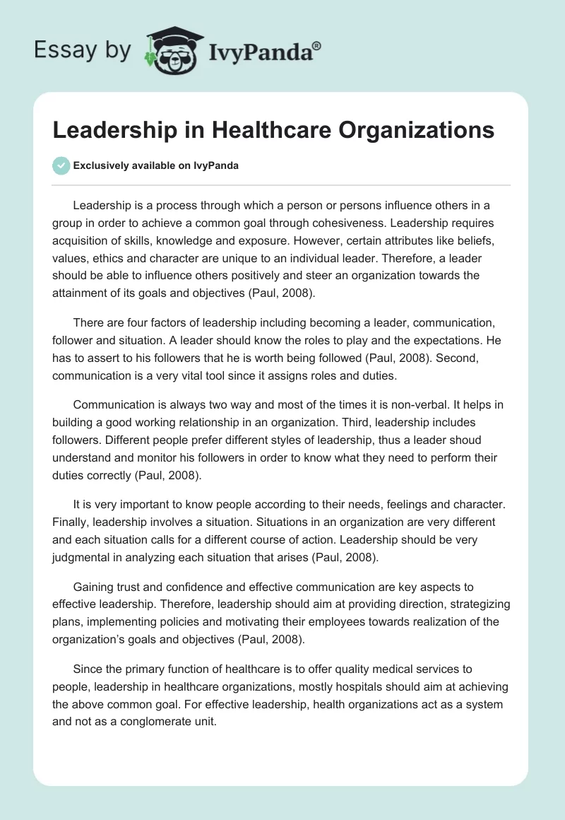 Leadership in Healthcare Organizations. Page 1