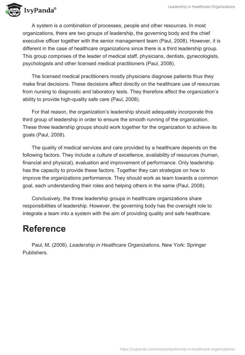 Leadership in Healthcare Organizations. Page 2