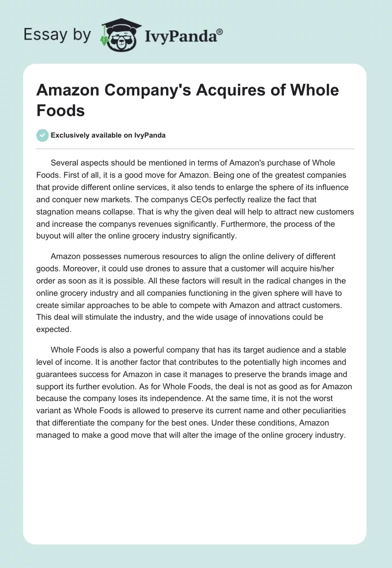 Amazon Company's Acquires of Whole Foods. Page 1