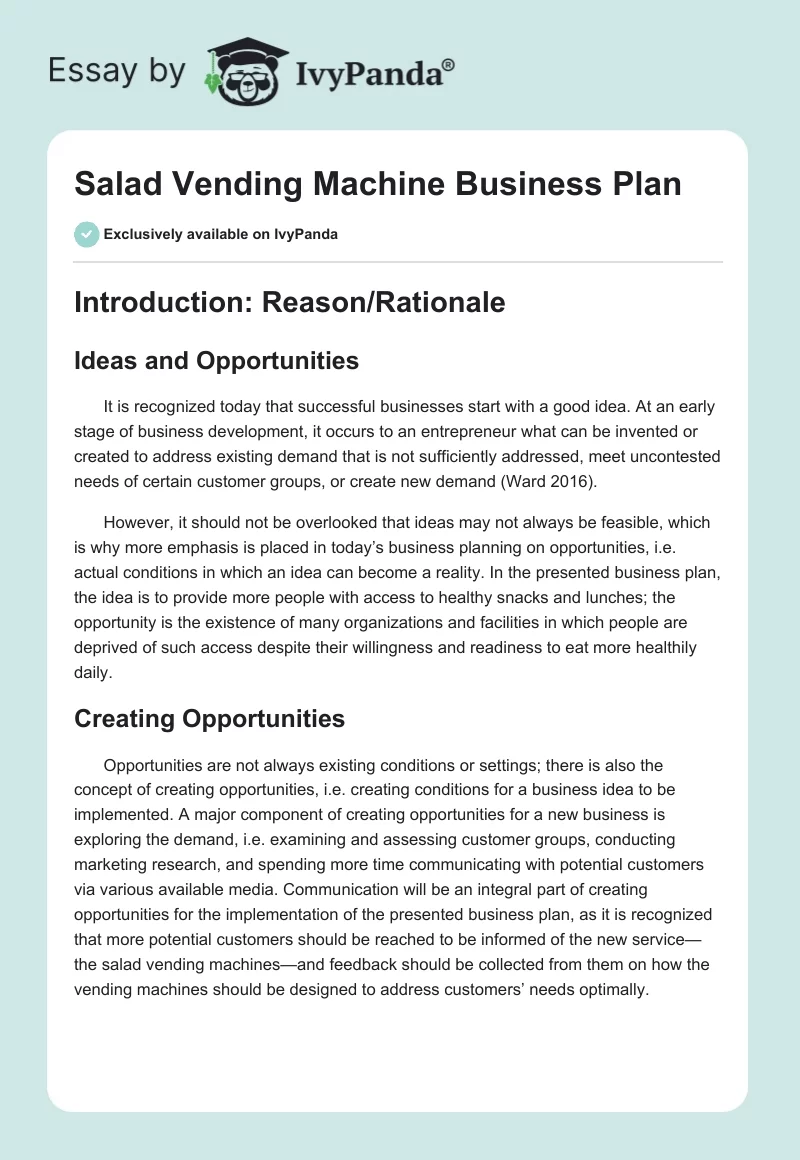 Salad Vending Machine Business Plan. Page 1