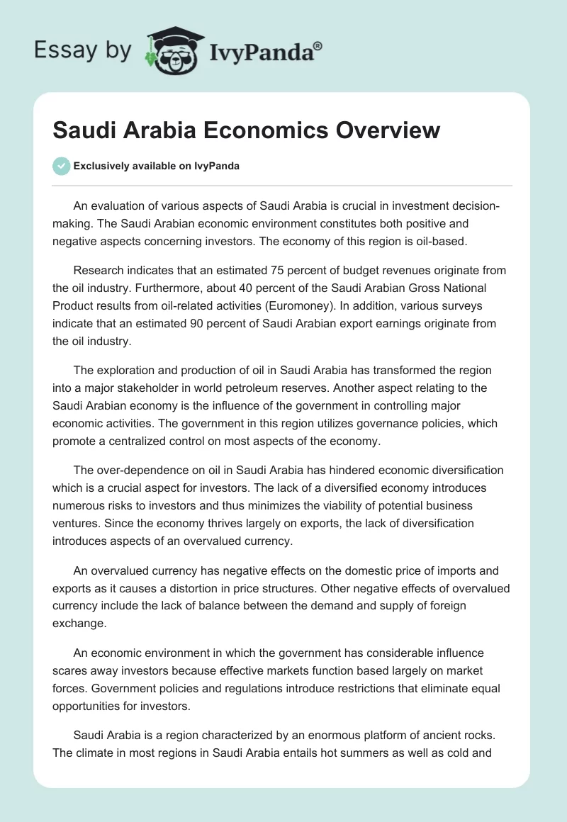 Saudi Arabia Economics Overview. Page 1