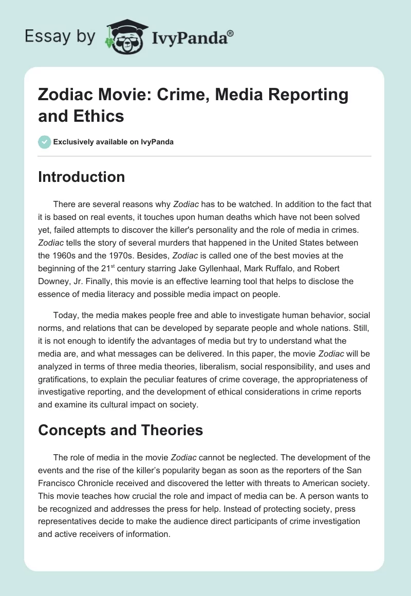 Zodiac Movie: Crime, Media Reporting and Ethics. Page 1