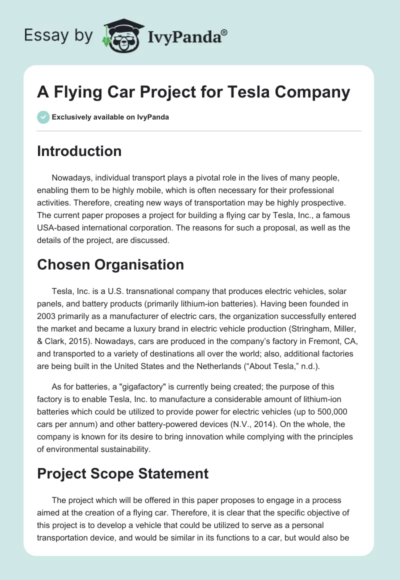 A Flying Car Project for Tesla Company. Page 1