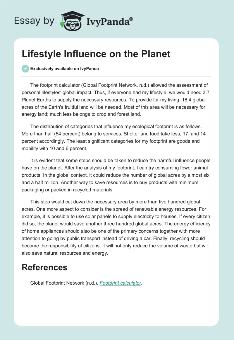 Lifestyle Influence on the Planet. Page 1