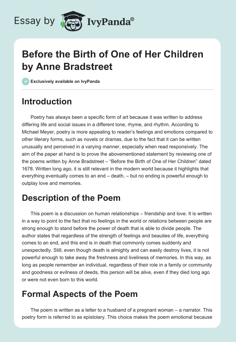 "Before the Birth of One of Her Children" by Anne Bradstreet. Page 1