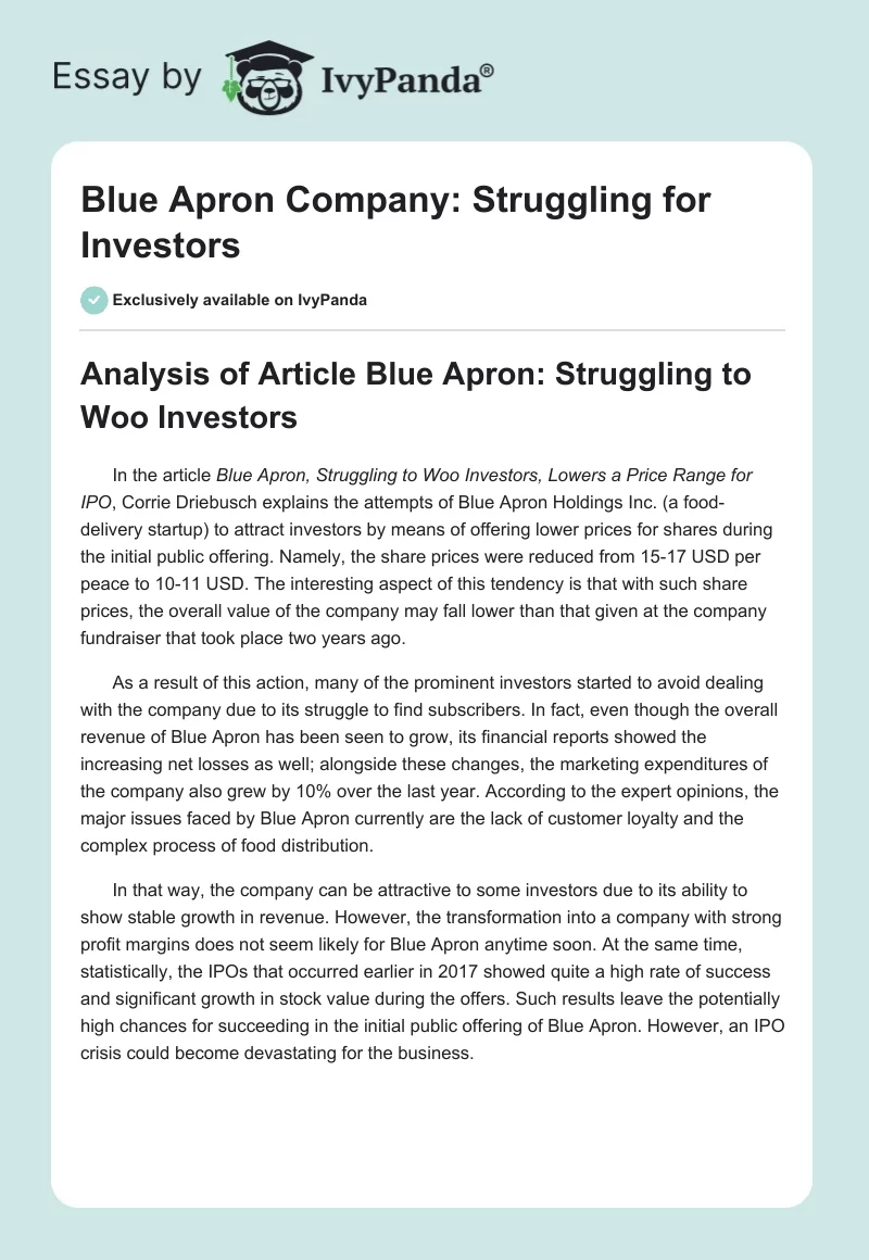 Blue Apron Company: Struggling for Investors. Page 1