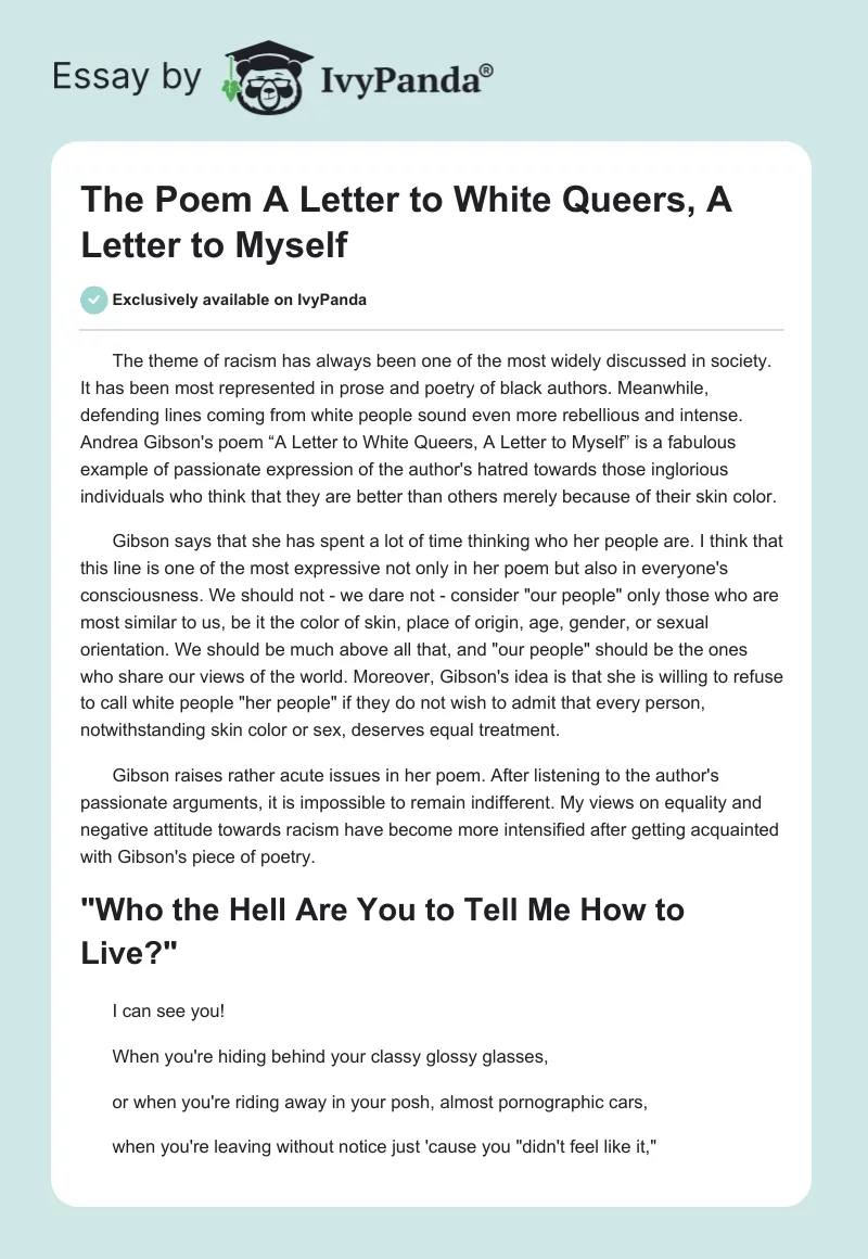 The Poem A Letter to White Queers, A Letter to Myself. Page 1