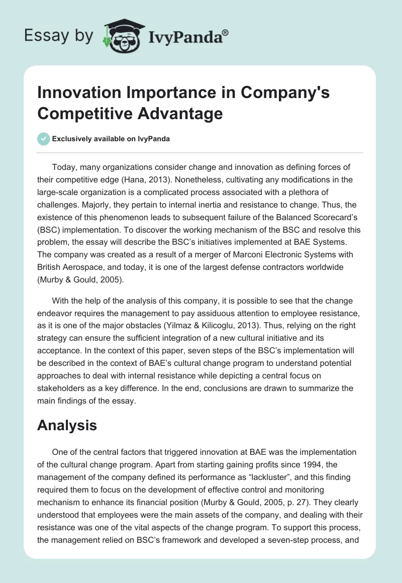 Innovation Importance in Company's Competitive Advantage. Page 1