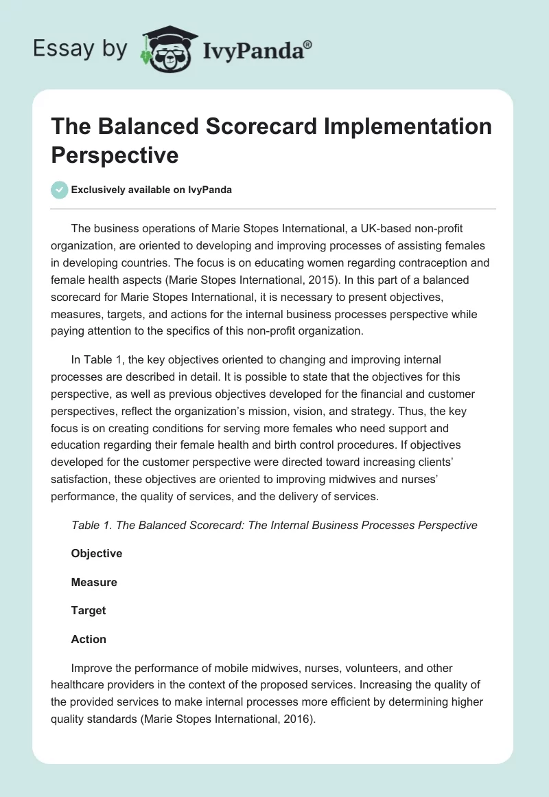 The Balanced Scorecard Implementation Perspective. Page 1