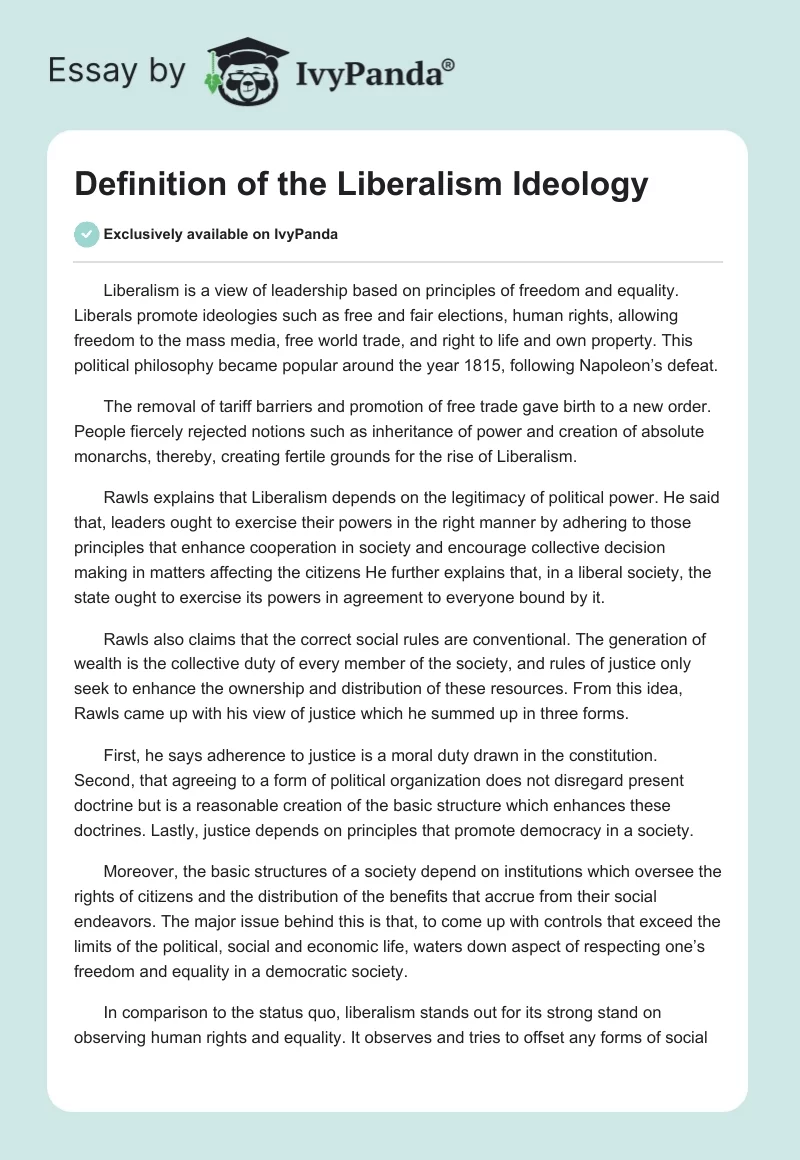 Definition of the Liberalism Ideology. Page 1