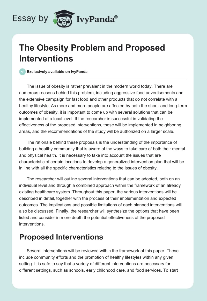 The Obesity Problem and Proposed Interventions. Page 1
