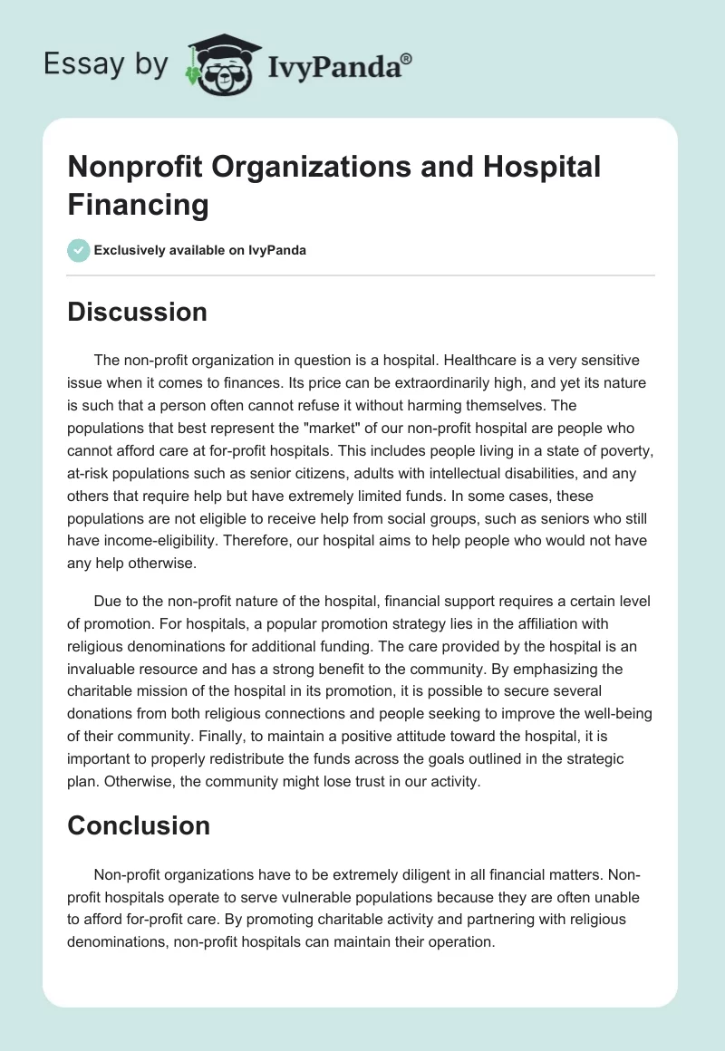 Nonprofit Organizations and Hospital Financing. Page 1