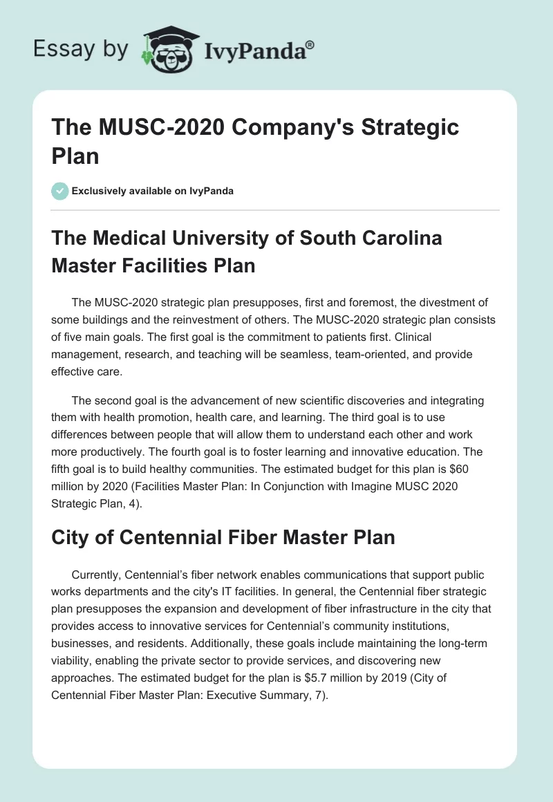 The MUSC-2020 Company's Strategic Plan. Page 1