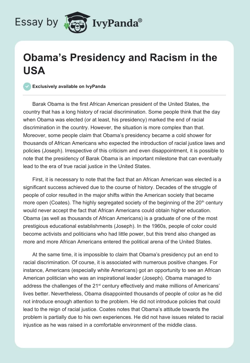 Obama’s Presidency and Racism in the USA. Page 1