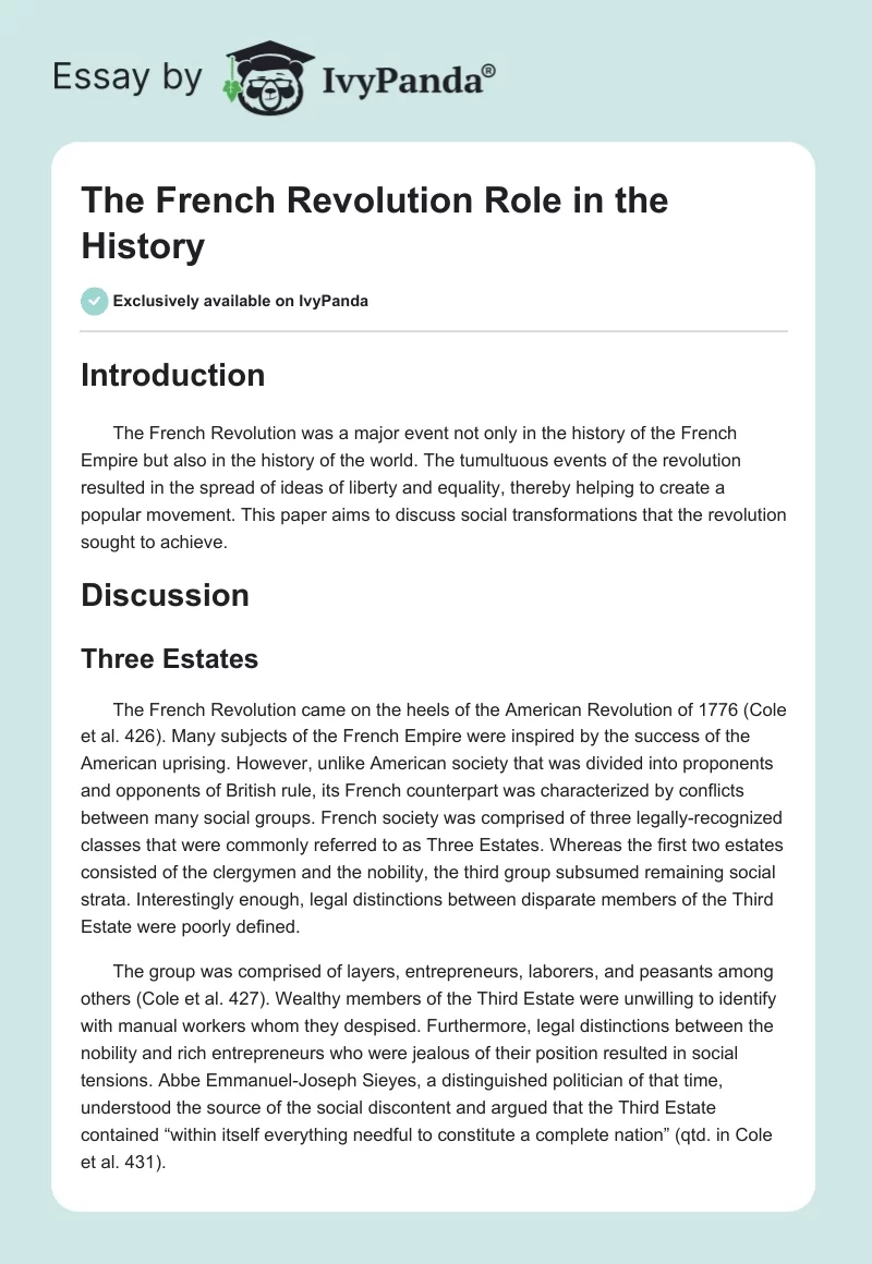 The French Revolution Role in the History. Page 1