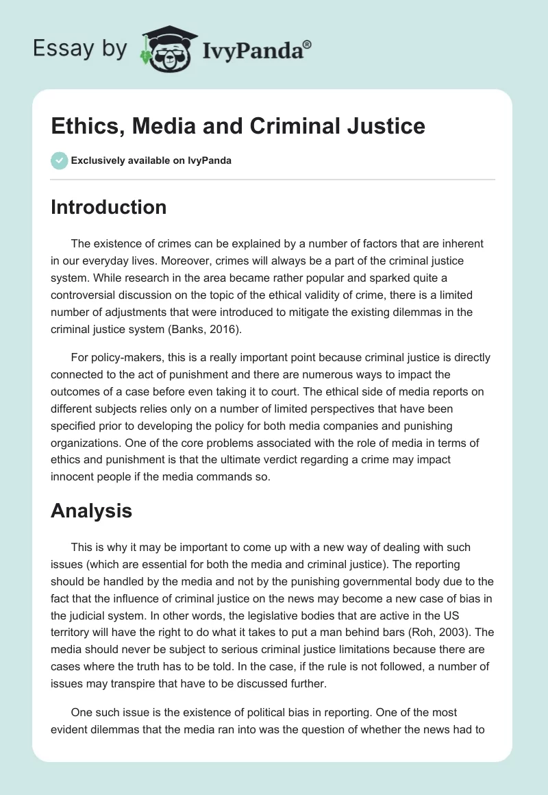 Ethics, Media and Criminal Justice. Page 1
