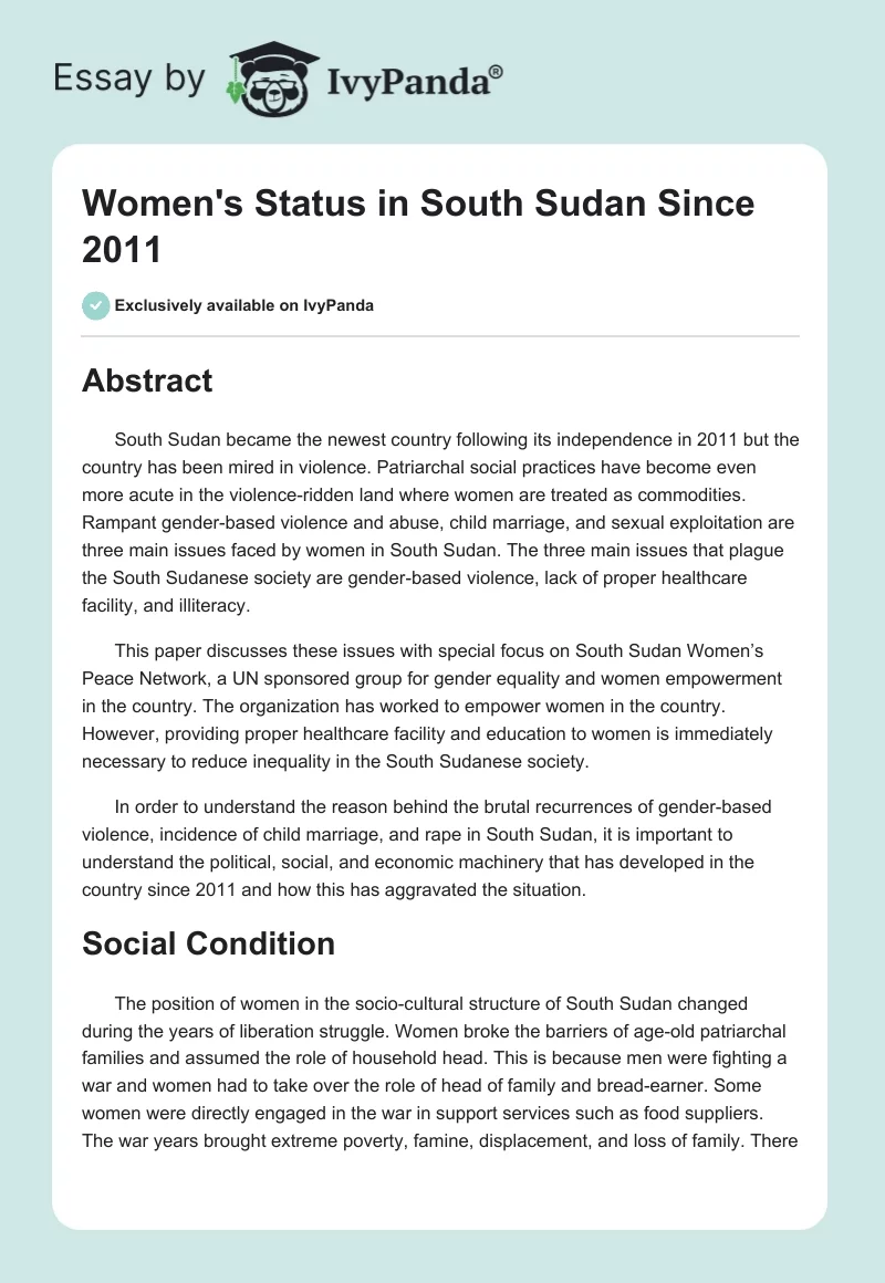 Women's Status in South Sudan Since 2011. Page 1