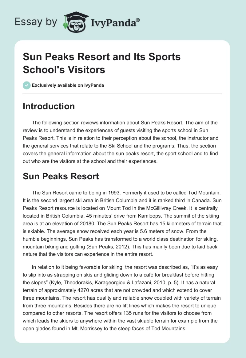 Sun Peaks Resort and Its Sports School's Visitors. Page 1