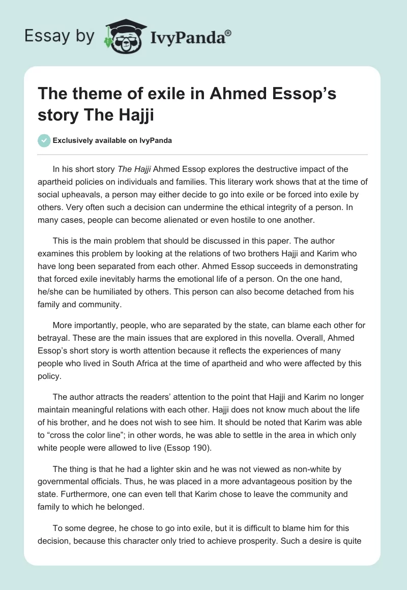The Theme of Exile in Ahmed Essop’s story The Hajji. Page 1