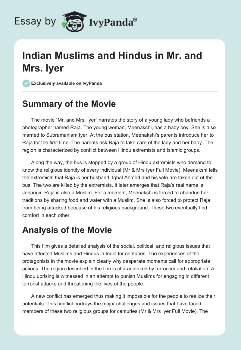 Indian Muslims and Hindus in "Mr. and Mrs. Iyer". Page 1