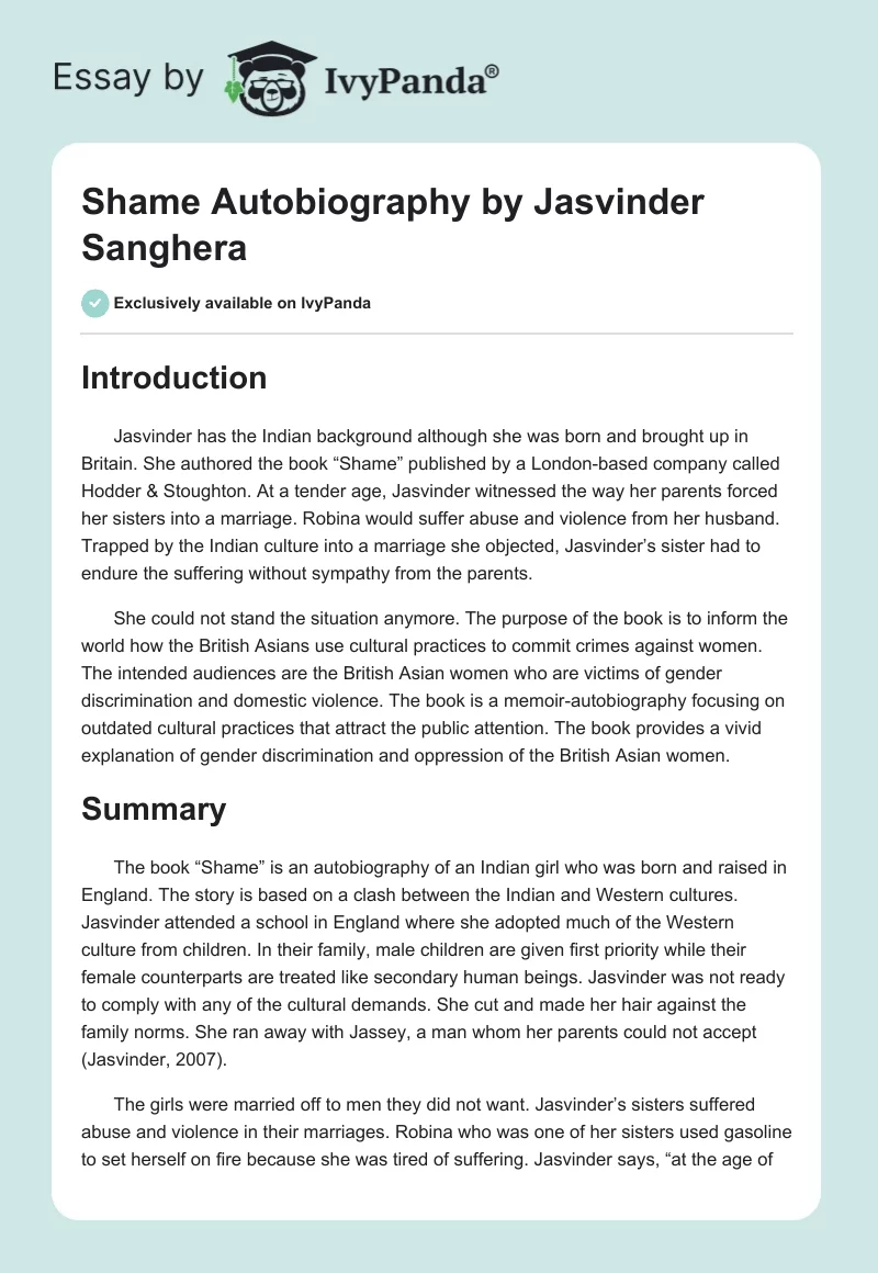 "Shame" Autobiography by Jasvinder Sanghera. Page 1