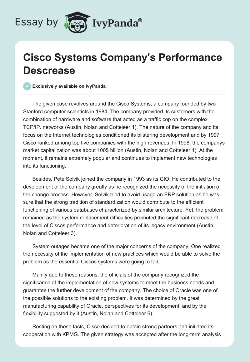 Cisco Systems Company's Performance Descrease. Page 1