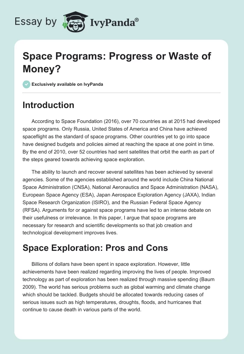 Space Programs: Progress or Waste of Money?. Page 1