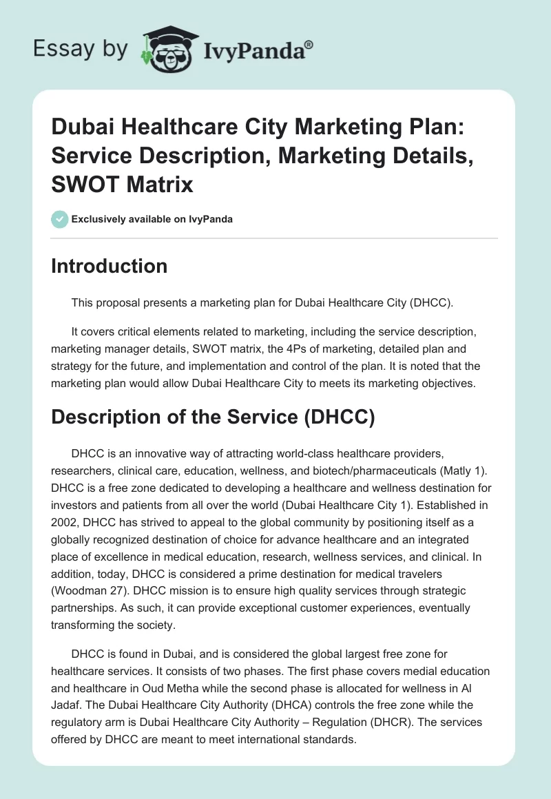 Dubai Healthcare City Marketing Plan: Service Description, Marketing Details, SWOT Matrix. Page 1