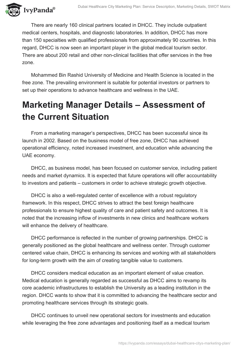 Dubai Healthcare City Marketing Plan: Service Description, Marketing Details, SWOT Matrix. Page 2