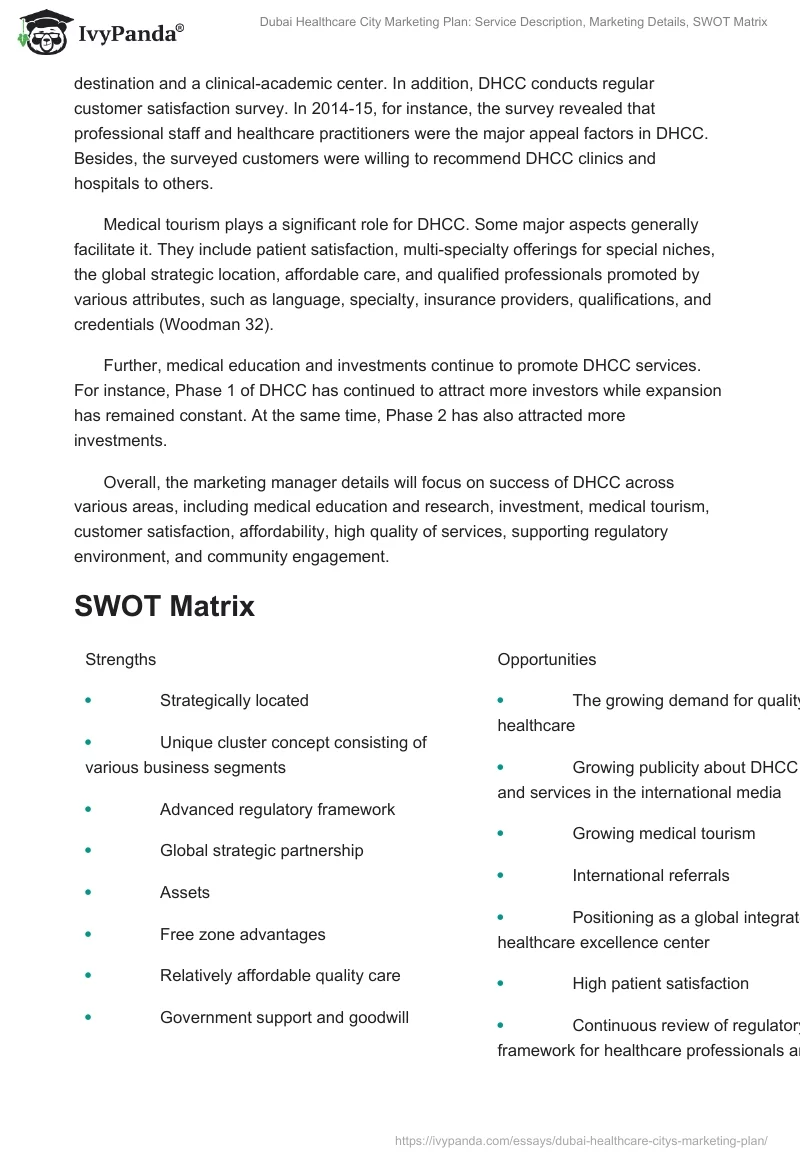 Dubai Healthcare City Marketing Plan: Service Description, Marketing Details, SWOT Matrix. Page 3