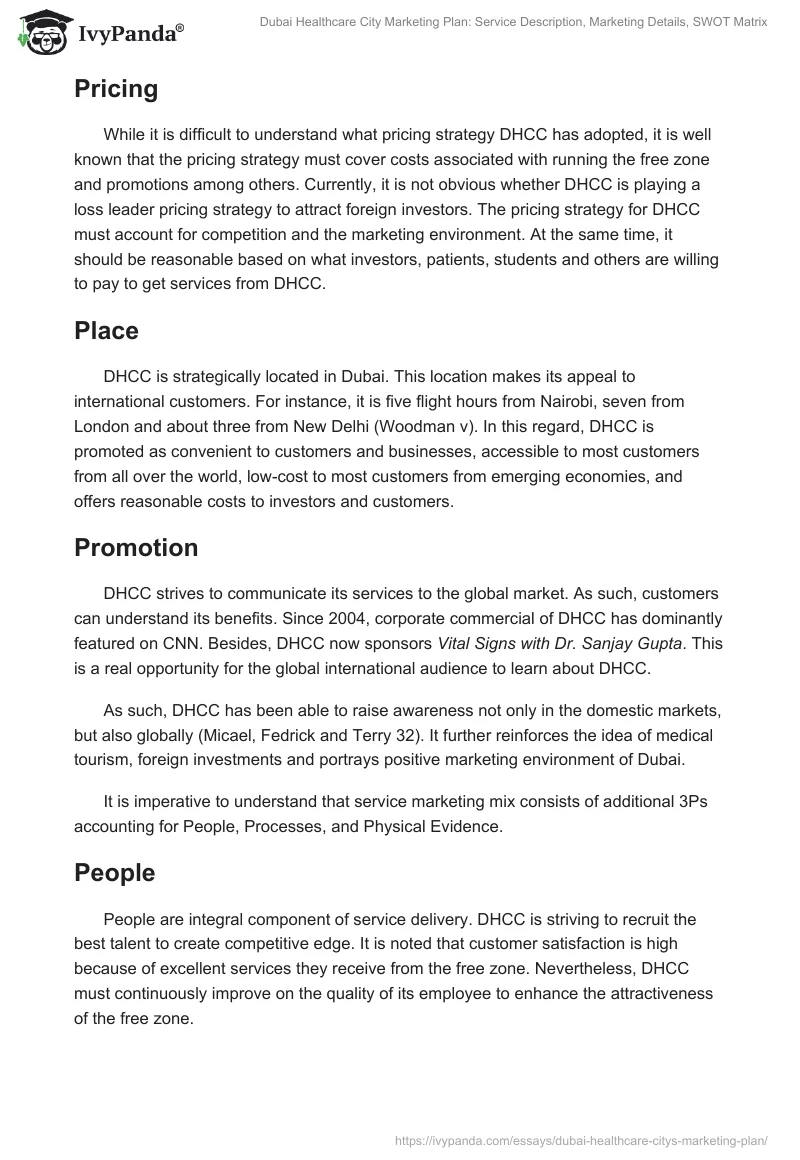 Dubai Healthcare City Marketing Plan: Service Description, Marketing Details, SWOT Matrix. Page 5