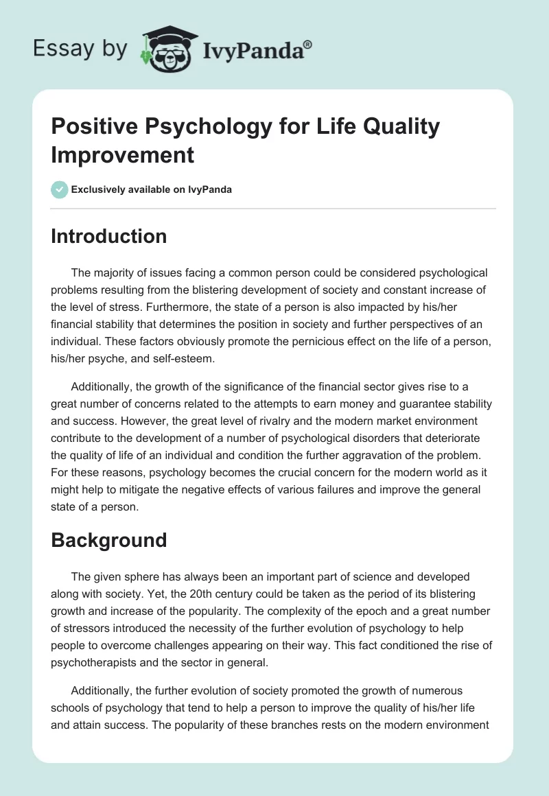 Positive Psychology for Life Quality Improvement. Page 1