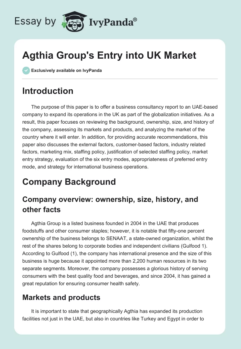 Agthia Group's Entry into UK Market. Page 1