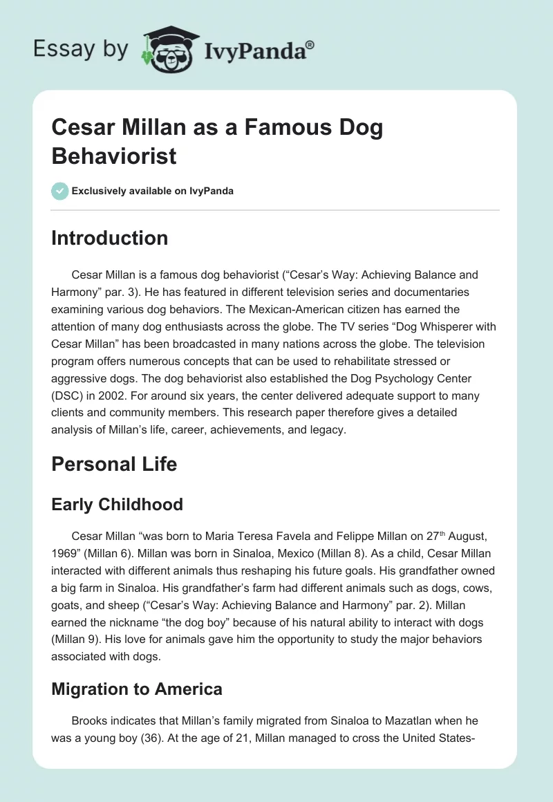 Cesar Millan as a Famous Dog Behaviorist. Page 1