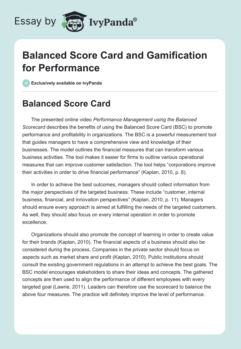 Balanced Score Card and Gamification for Performance. Page 1