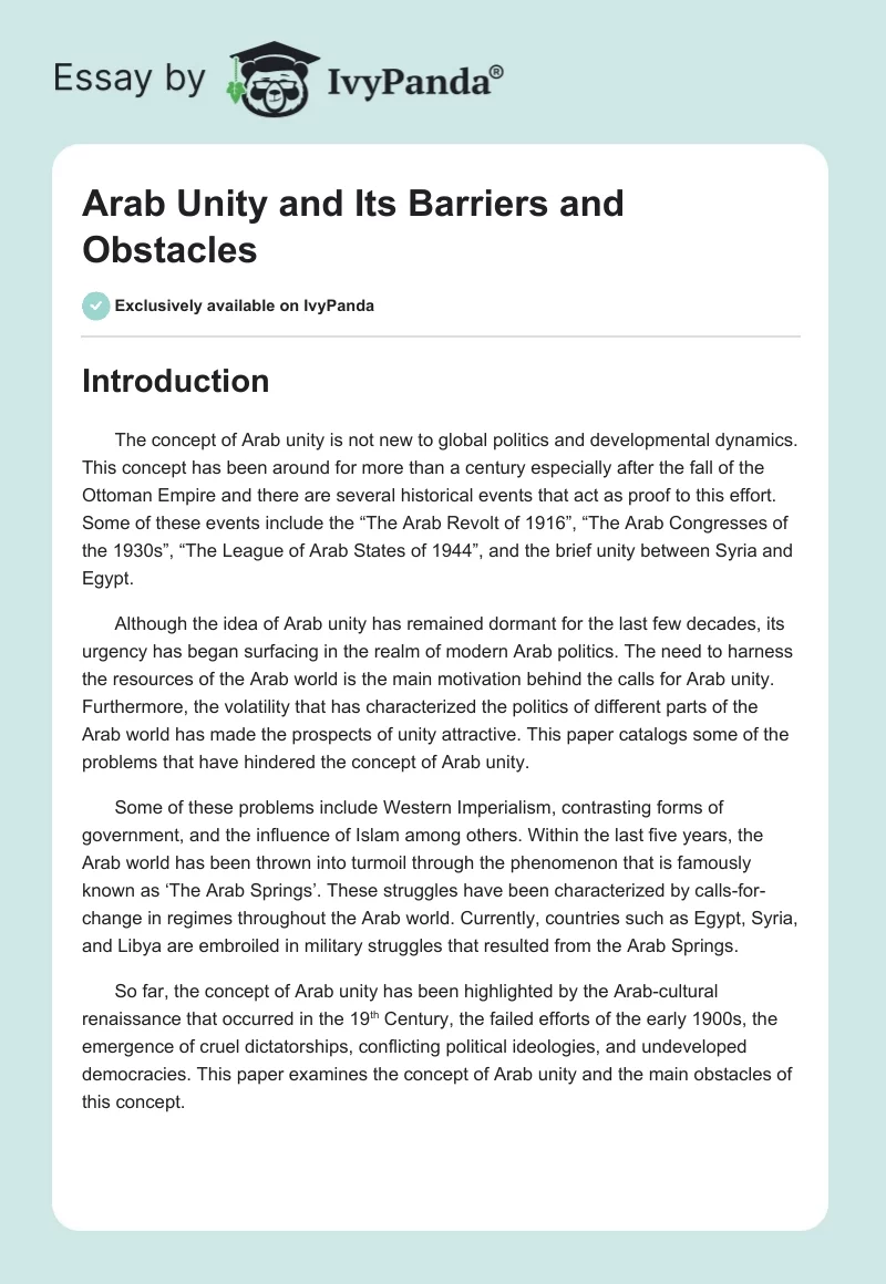 Arab Unity and Its Barriers and Obstacles. Page 1