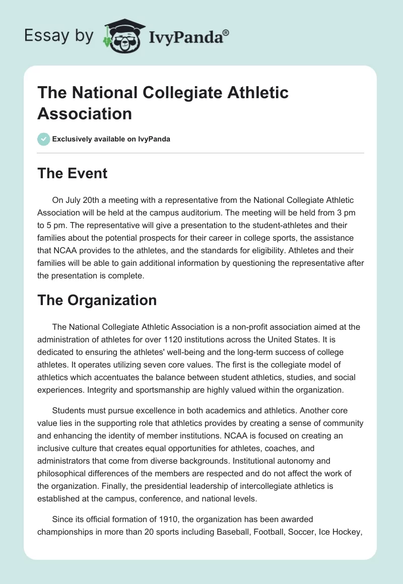 The National Collegiate Athletic Association. Page 1