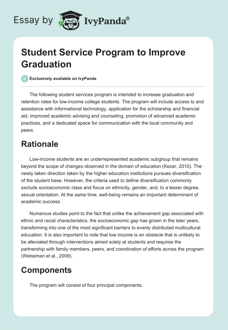 Student Service Program to Improve Graduation. Page 1