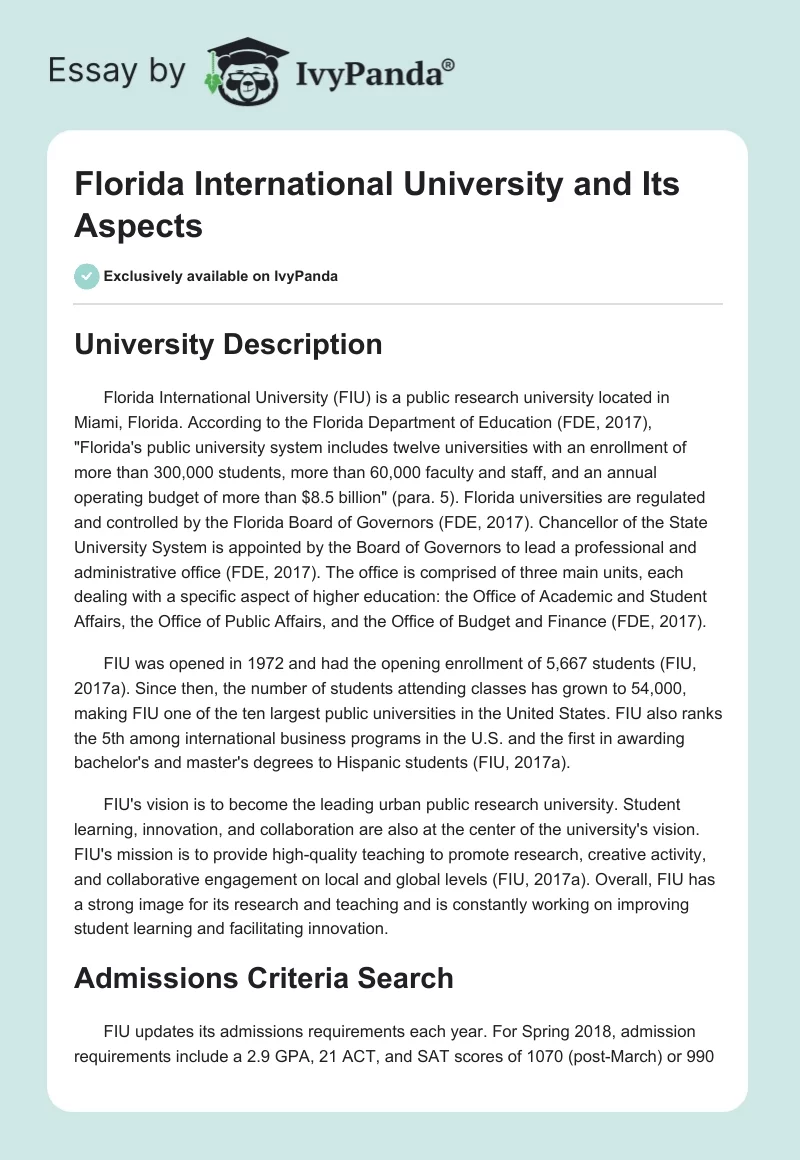 Florida International University and Its Aspects. Page 1