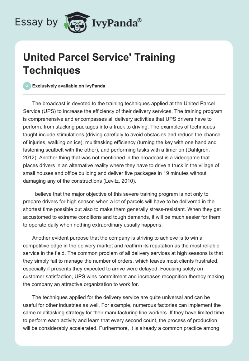 United Parcel Service' Training Techniques. Page 1