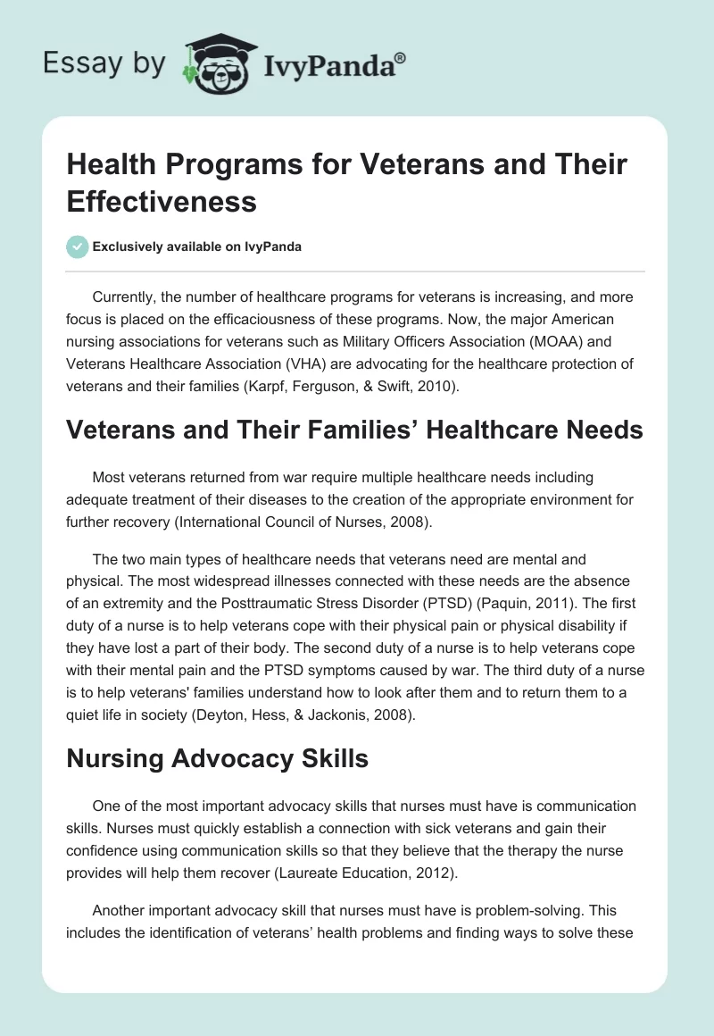 Health Programs for Veterans and Their Effectiveness. Page 1