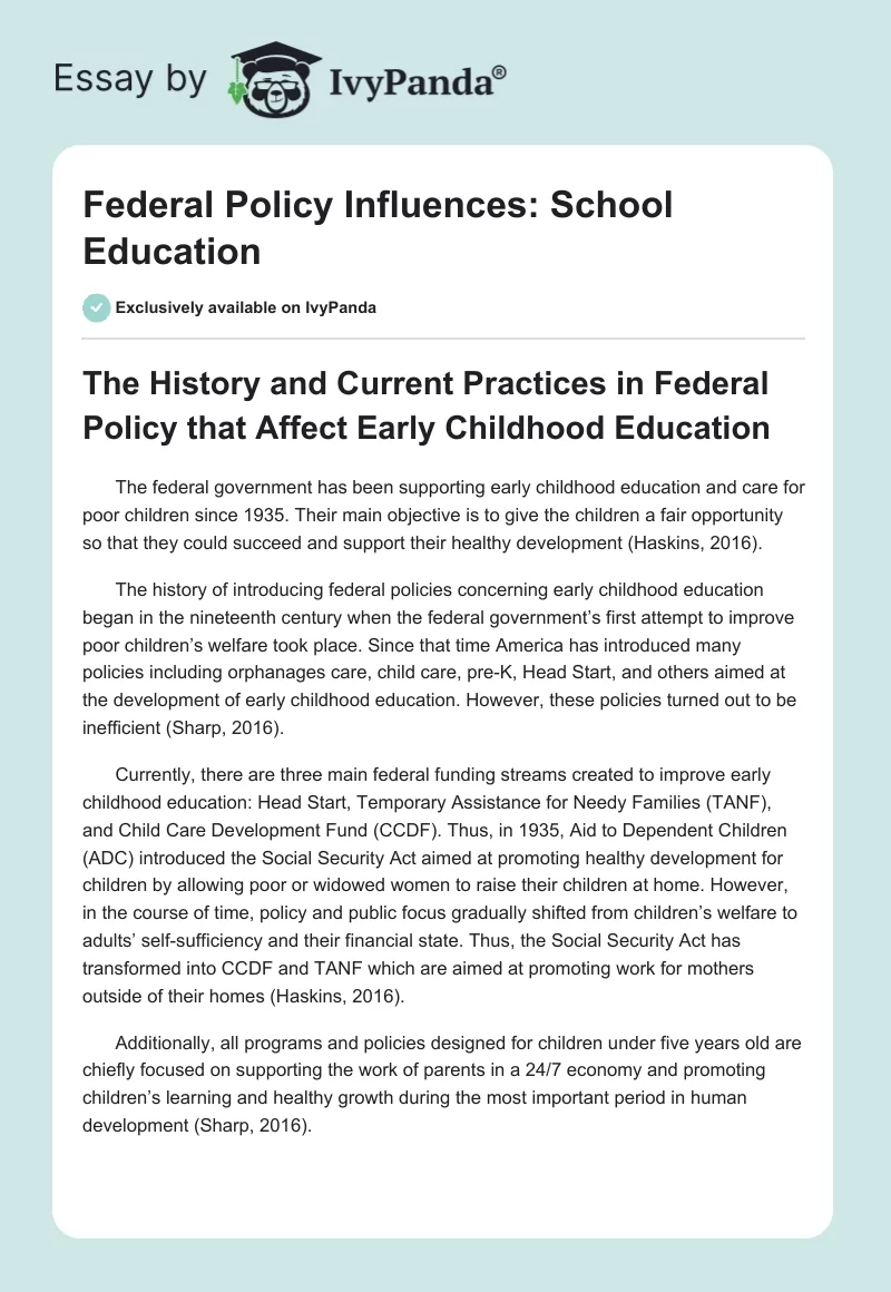 Federal Policy Influences: School Education. Page 1